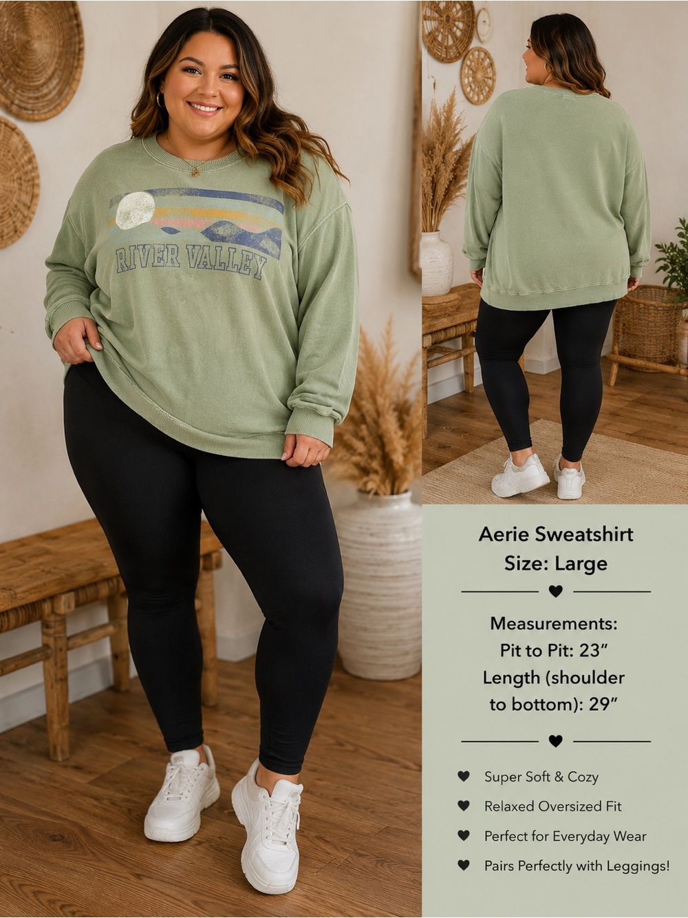 aerie Olive Green 'River Valley' Graphic Crewneck Sweatshirt